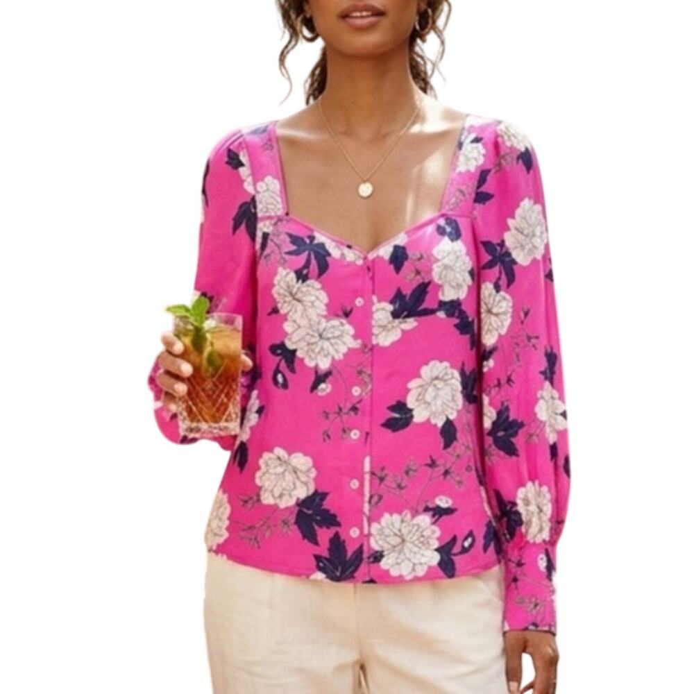 Yumi Kim Velvet Morning Hot Pink Floral Blouse S Silky Puff Sleeves Tropical Top